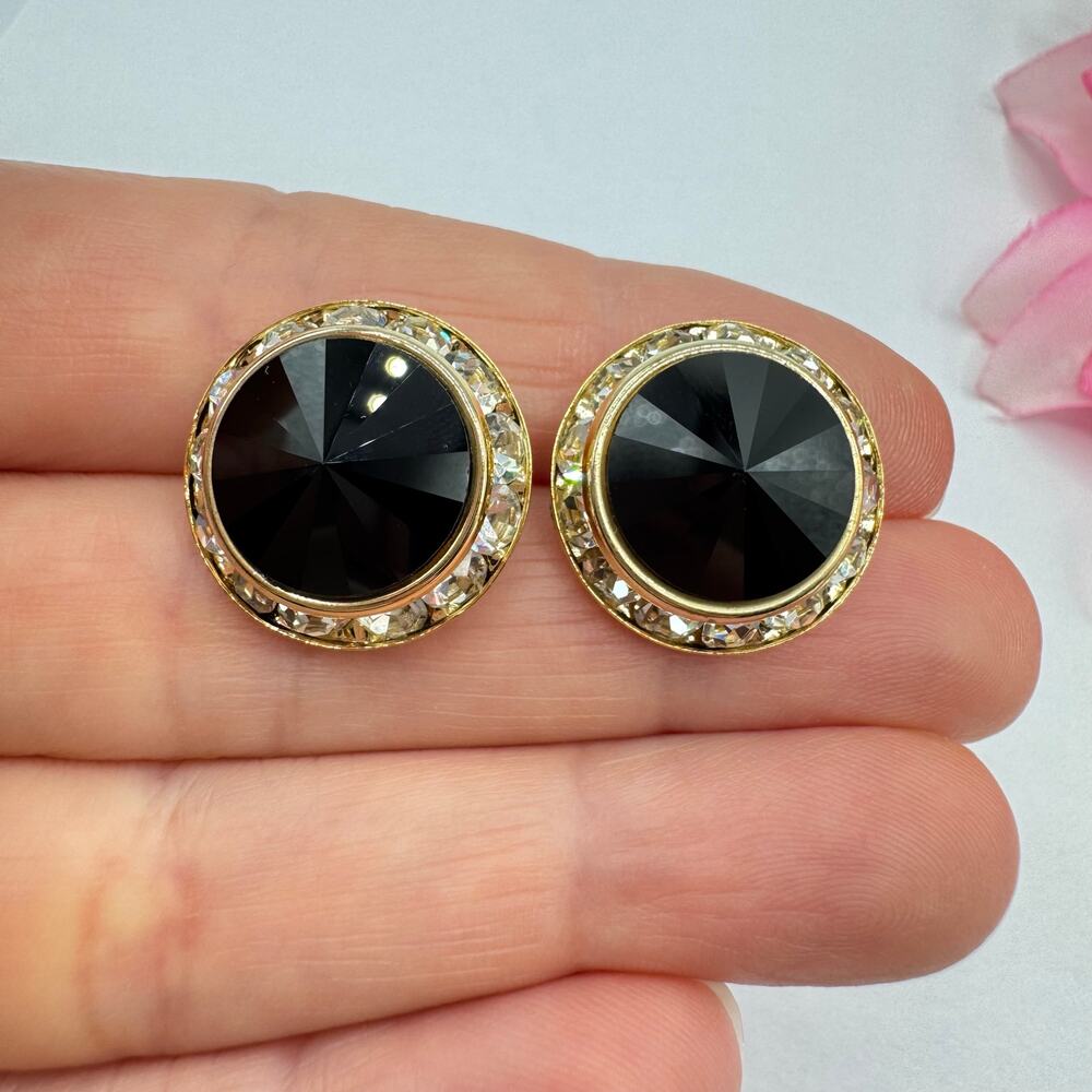 Vintage Black Rivoli Crystal Headlight Halo Stud Earrings Glam Goth Night Out - Picture 2 of 6